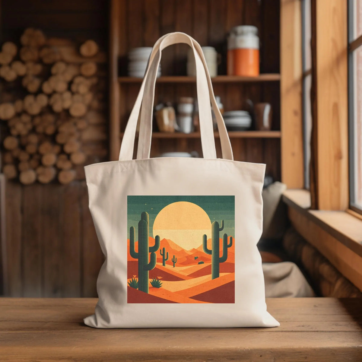 Desert Sunset Cactus Art Cotton Tote Bag, Eco-Friendly Shopping Bag
